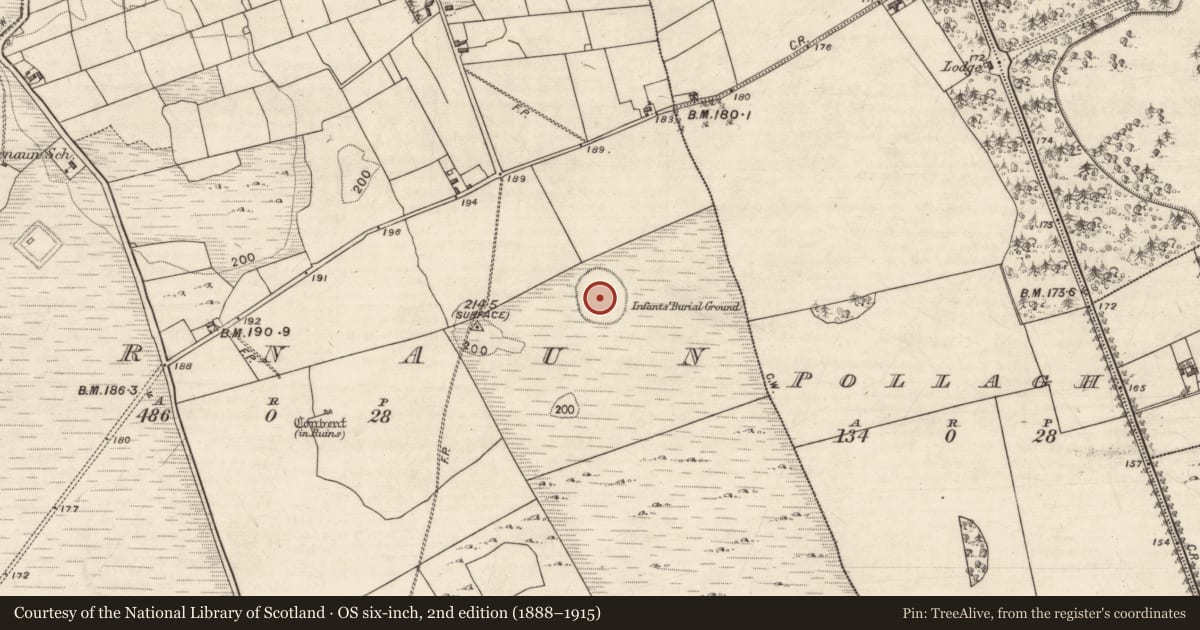 Ordnance Survey six-inch map, 2nd edition (1888–1915) covering the location of Children's burial ground, Carnaun, County Galway, with a pin at the register's coordinates