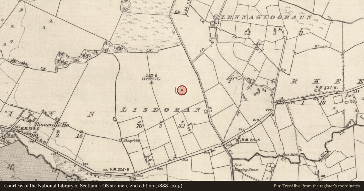 Ordnance Survey six-inch map, 2nd edition (1888–1915) covering the location of Ringfort - unclassified, Lisdoran, County Galway, with a pin at the register's coordinates