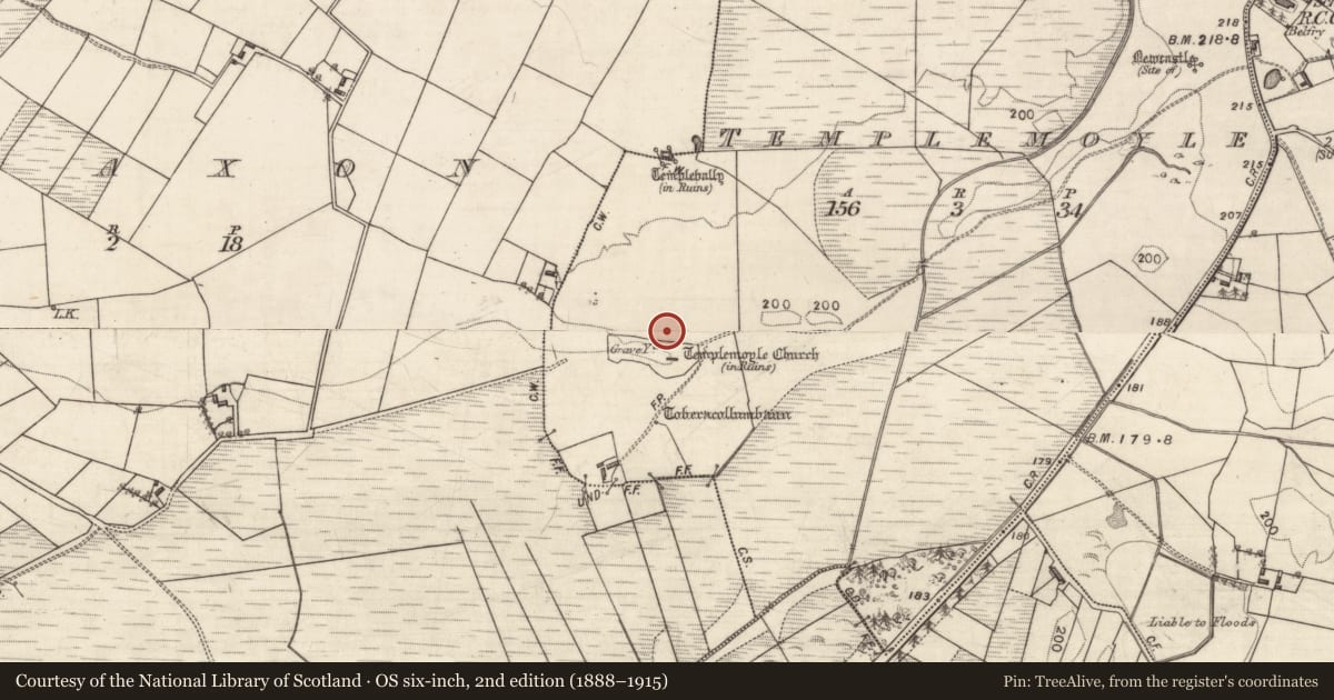 Ordnance Survey six-inch map, 2nd edition (1888–1915) covering the location of Ecclesiastical enclosure, Templemoyle, County Galway, with a pin at the register's coordinates