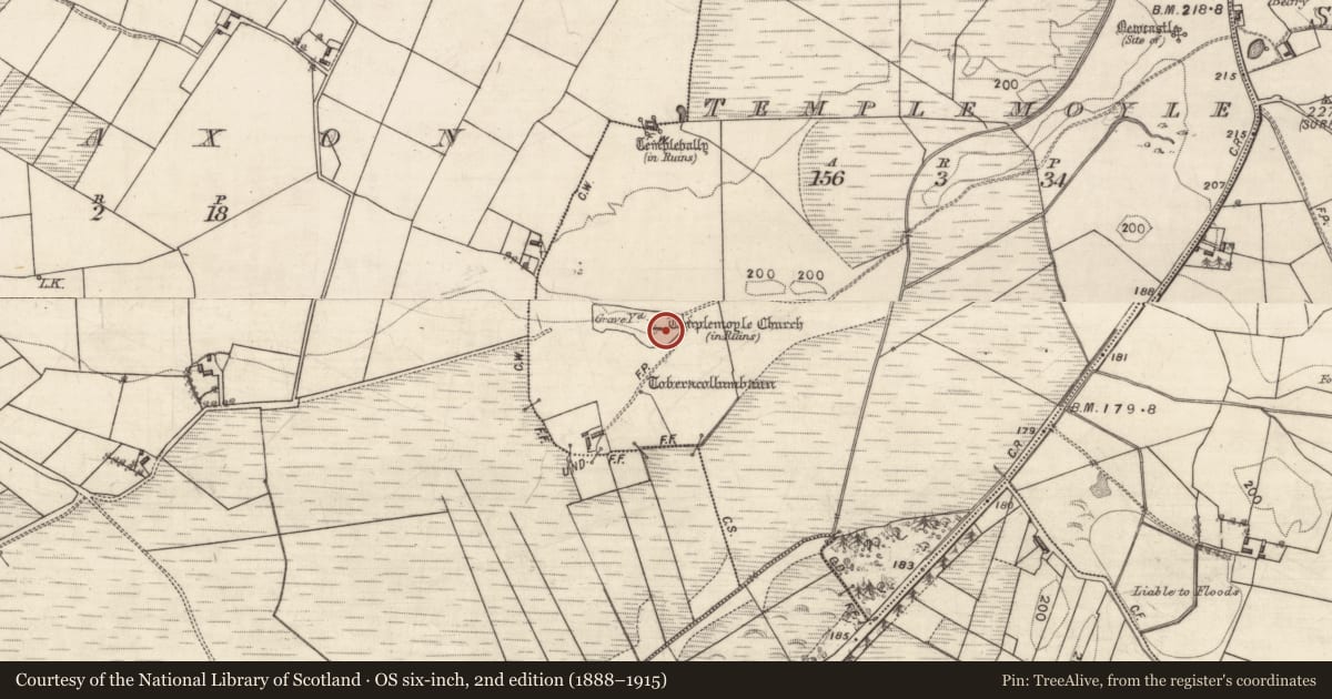 Ordnance Survey six-inch map, 2nd edition (1888–1915) covering the location of Church, Templemoyle, County Galway, with a pin at the register's coordinates