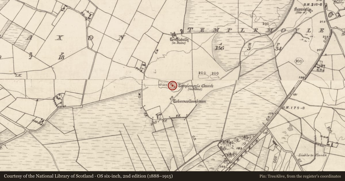 Ordnance Survey six-inch map, 2nd edition (1888–1915) covering the location of Graveyard, Templemoyle, County Galway, with a pin at the register's coordinates