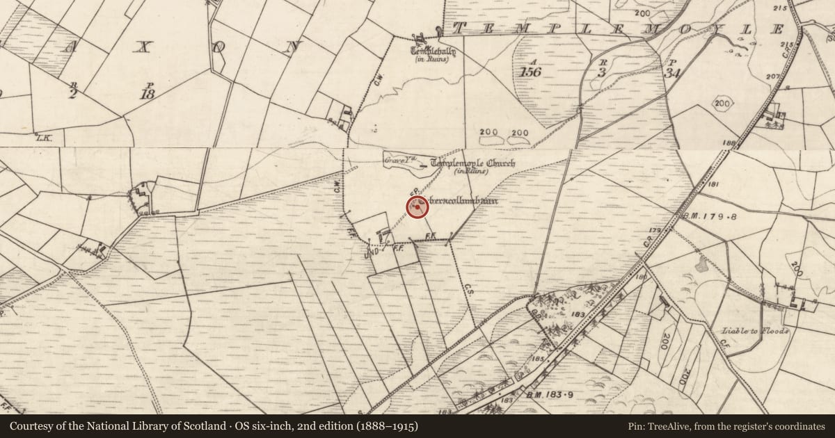 Ordnance Survey six-inch map, 2nd edition (1888–1915) covering the location of Ritual site - holy well, Templemoyle, County Galway, with a pin at the register's coordinates
