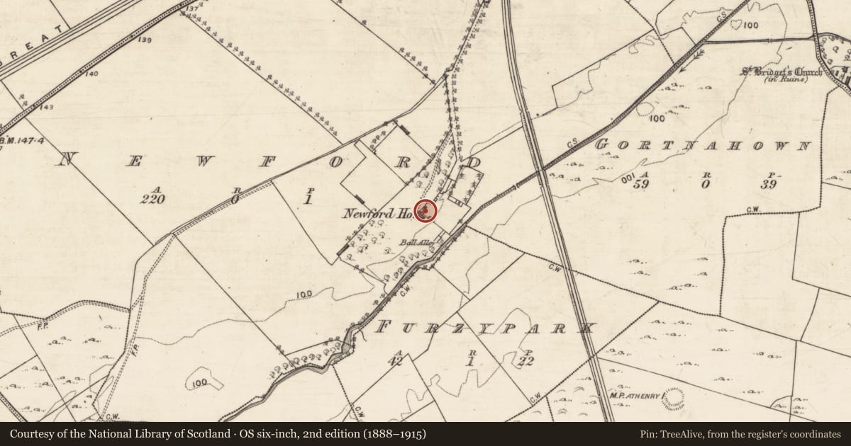 Ordnance Survey six-inch map, 2nd edition (1888–1915) covering the location of Country house, Newford, County Galway, with a pin at the register's coordinates