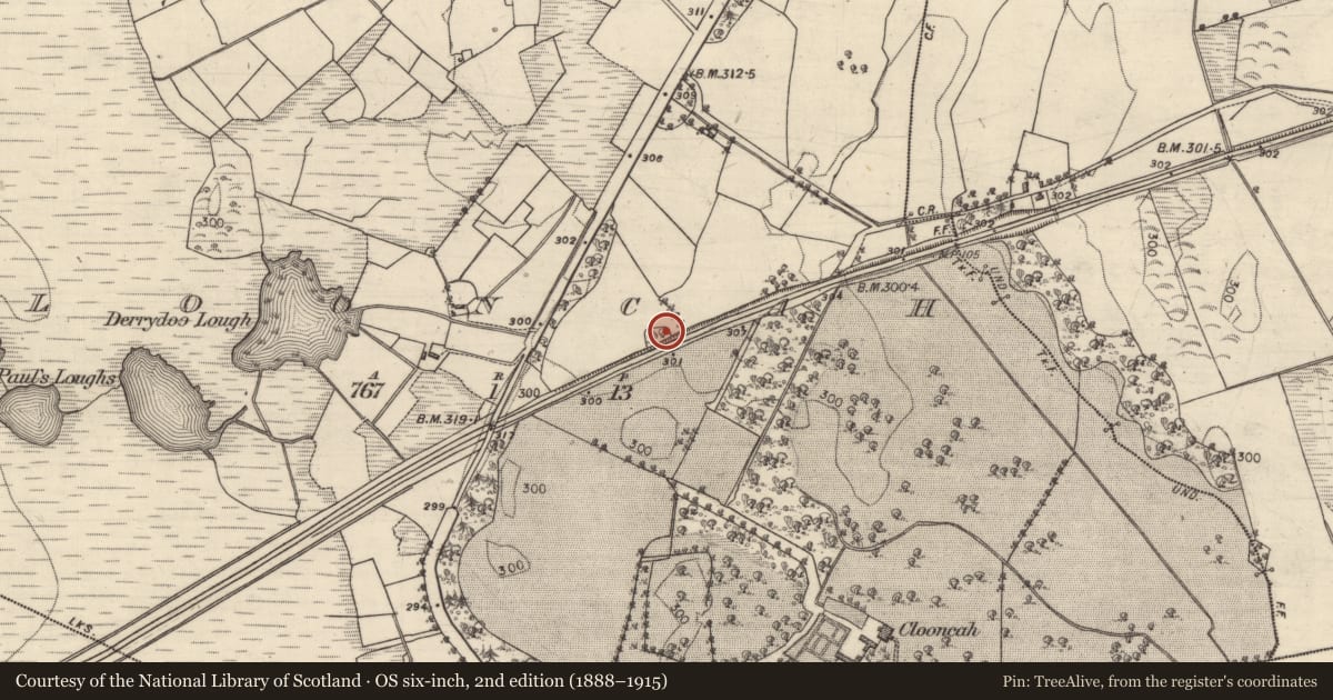Ordnance Survey six-inch map, 2nd edition (1888–1915) covering the location of Designed landscape feature, Clooncah, County Galway, with a pin at the register's coordinates