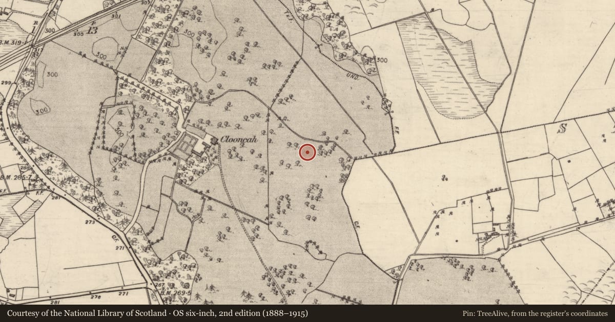 Ordnance Survey six-inch map, 2nd edition (1888–1915) covering the location of Designed landscape feature, Clooncah, County Galway, with a pin at the register's coordinates