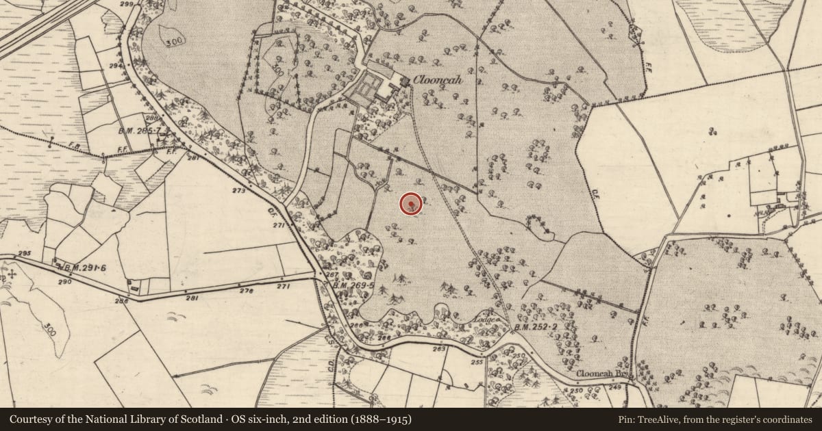 Ordnance Survey six-inch map, 2nd edition (1888–1915) covering the location of Designed landscape feature, Clooncah, County Galway, with a pin at the register's coordinates
