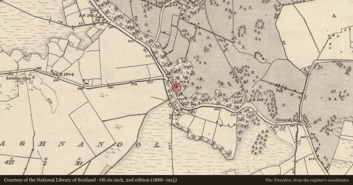 Ordnance Survey six-inch map, 2nd edition (1888–1915) covering the location of Church, Clooncah, County Galway, with a pin at the register's coordinates
