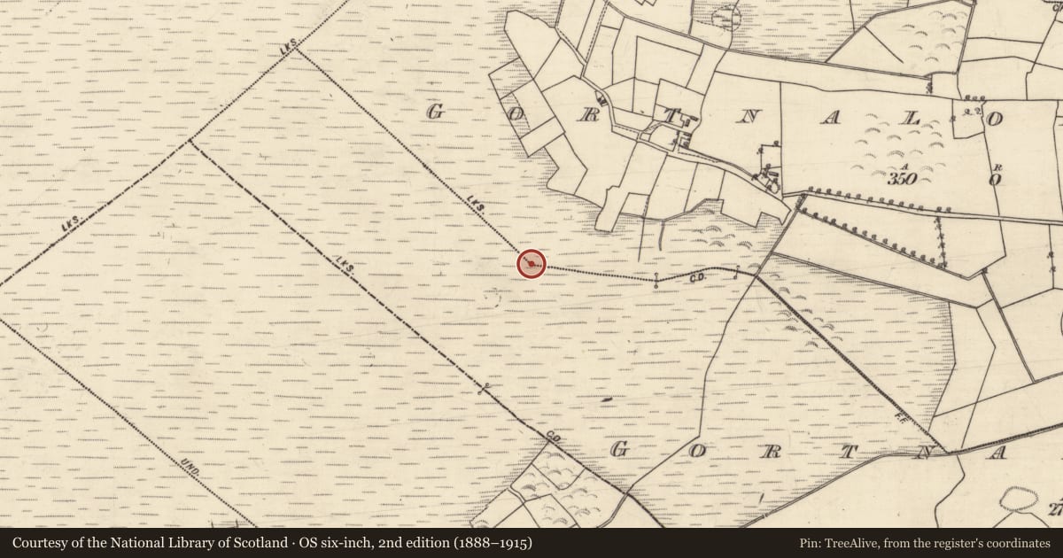 Ordnance Survey six-inch map, 2nd edition (1888–1915) covering the location of Boundary mound, Gortnalone North, Gortnalone South, County Galway, with a pin at the register's coordinates