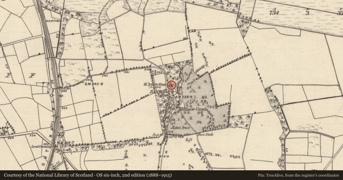 Ordnance Survey six-inch map, 2nd edition (1888–1915) covering the location of Church, Killimor, County Galway, with a pin at the register's coordinates