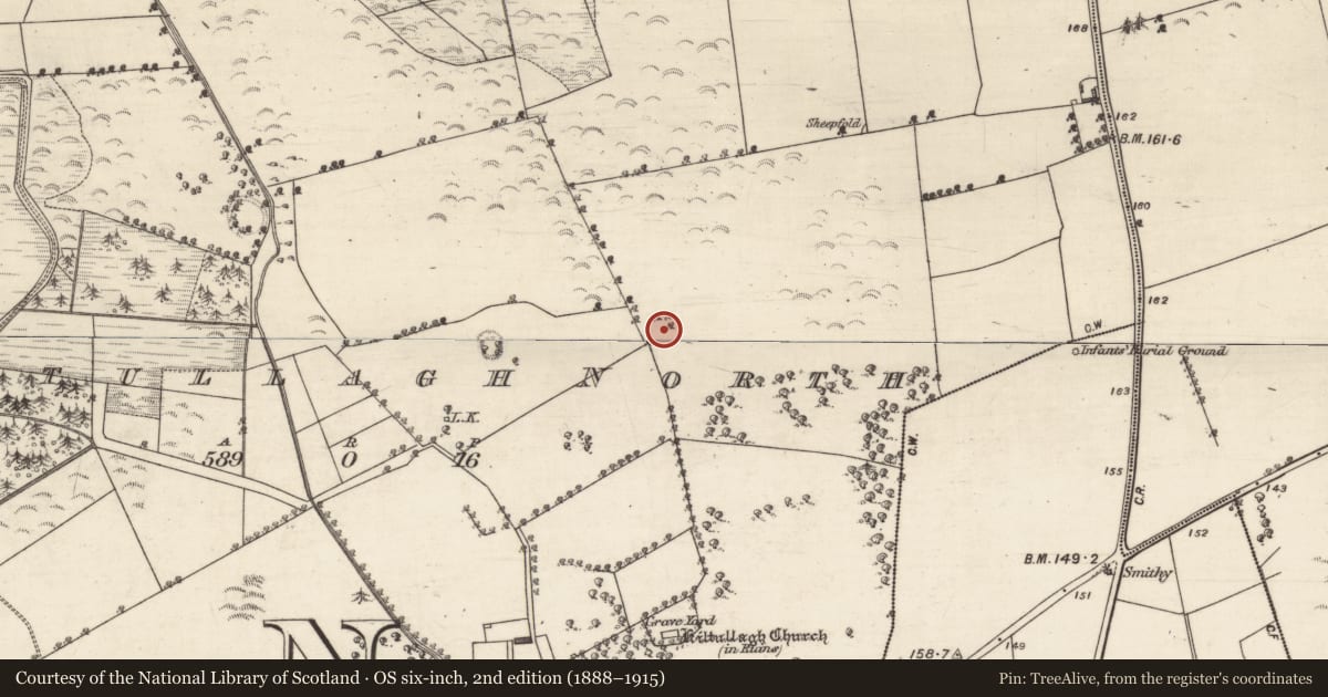 Ordnance Survey six-inch map, 2nd edition (1888–1915) covering the location of Mound, Kiltullagh North, County Galway, with a pin at the register's coordinates