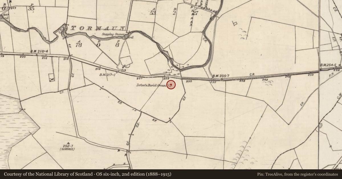 Ordnance Survey six-inch map, 2nd edition (1888–1915) covering the location of Children's burial ground, Tormaun, County Galway, with a pin at the register's coordinates