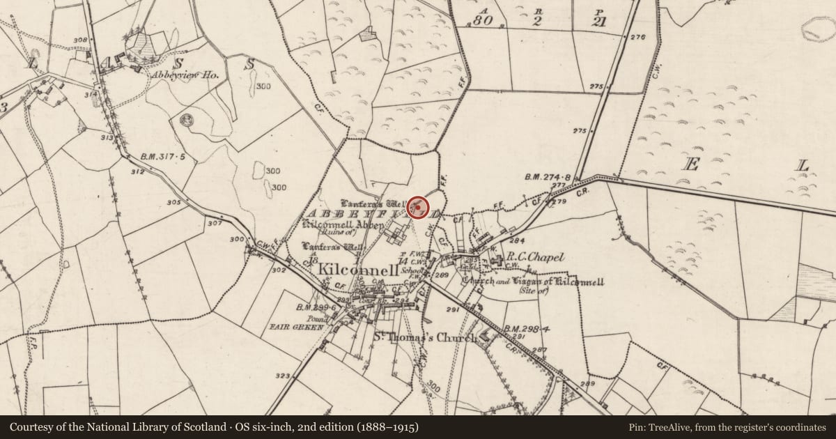 Ordnance Survey six-inch map, 2nd edition (1888–1915) covering the location of Ritual site - holy well, Abbeyfield, County Galway, with a pin at the register's coordinates