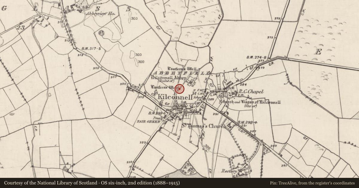Ordnance Survey six-inch map, 2nd edition (1888–1915) covering the location of Ritual site - holy well, Abbeyfield, County Galway, with a pin at the register's coordinates