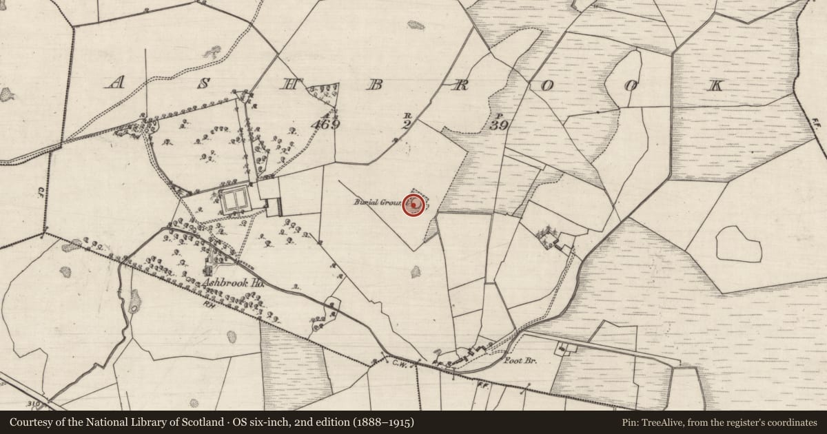 Ordnance Survey six-inch map, 2nd edition (1888–1915) covering the location of Burial ground, Ashbrook, County Galway, with a pin at the register's coordinates