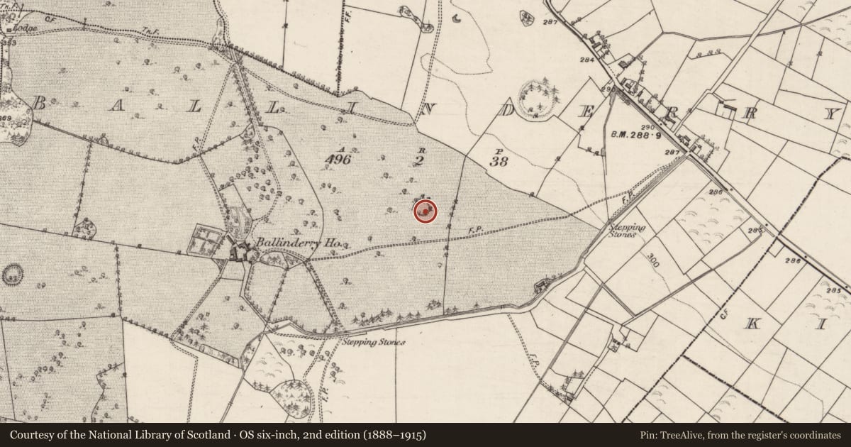 Ordnance Survey six-inch map, 2nd edition (1888–1915) covering the location of Enclosure, Ballinderry, County Galway, with a pin at the register's coordinates
