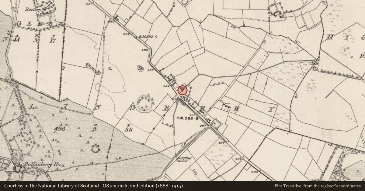 Ordnance Survey six-inch map, 2nd edition (1888–1915) covering the location of Mill - corn, Ballinderry, County Galway, with a pin at the register's coordinates