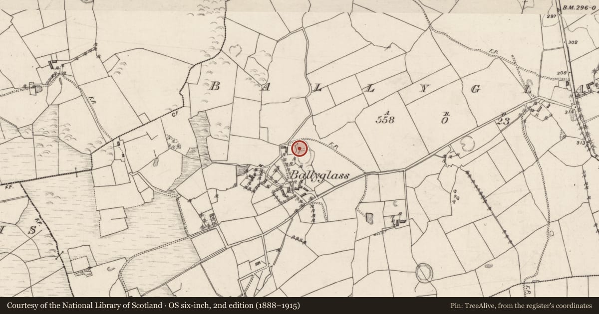 Ordnance Survey six-inch map, 2nd edition (1888–1915) covering the location of Souterrain, Ballyglass, County Galway, with a pin at the register's coordinates