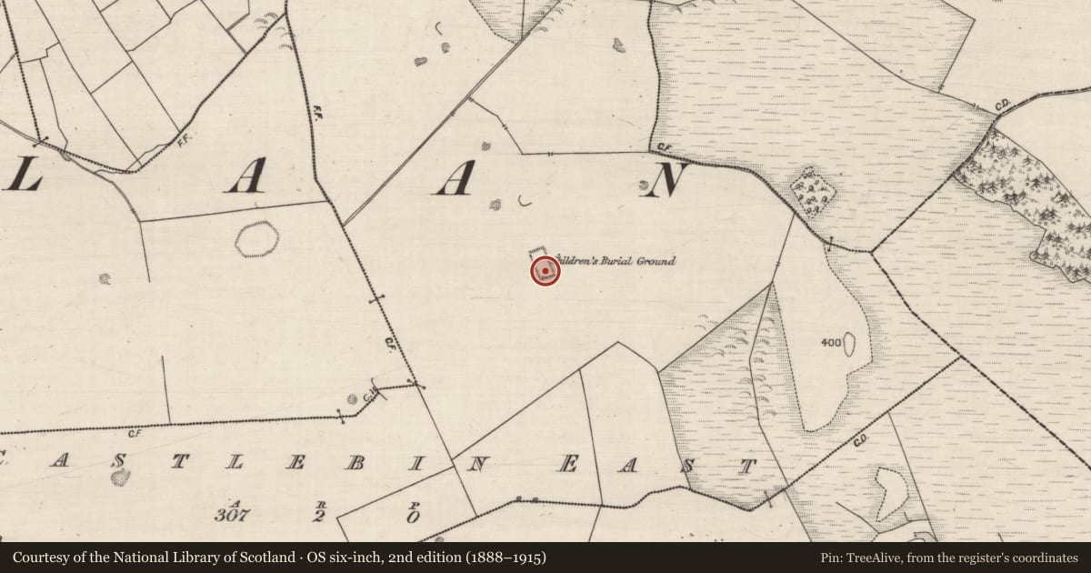 Ordnance Survey six-inch map, 2nd edition (1888–1915) covering the location of Children's burial ground, Castlebin East, County Galway, with a pin at the register's coordinates