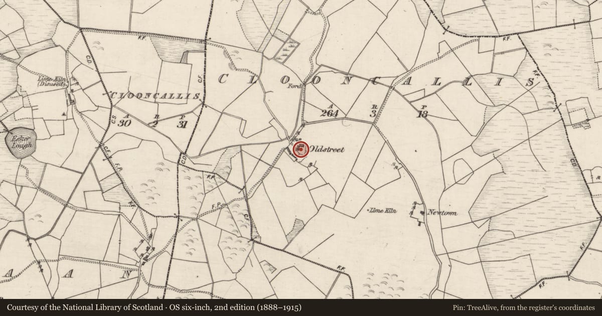 Ordnance Survey six-inch map, 2nd edition (1888–1915) covering the location of Settlement cluster, Clooncallis, County Galway, with a pin at the register's coordinates