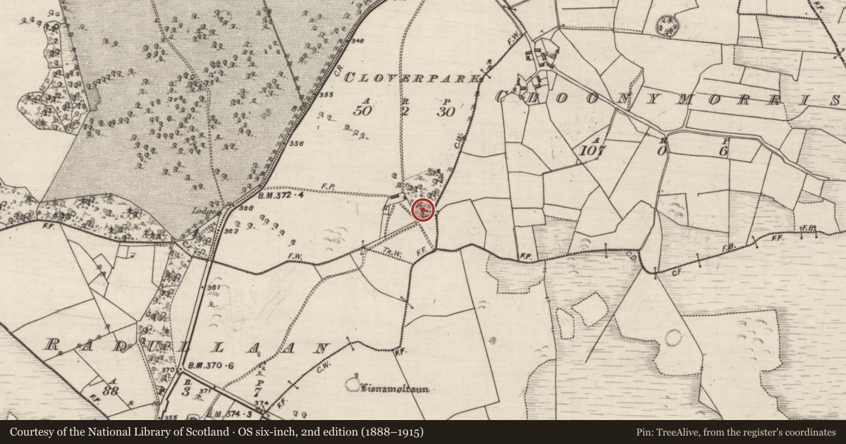 Ordnance Survey six-inch map, 2nd edition (1888–1915) covering the location of Enclosure, Cloverpark, County Galway, with a pin at the register's coordinates