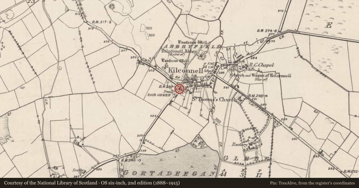 Ordnance Survey six-inch map, 2nd edition (1888–1915) covering the location of Cross, Corraneena, County Galway, with a pin at the register's coordinates