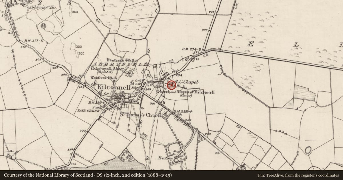 Ordnance Survey six-inch map, 2nd edition (1888–1915) covering the location of Church, Ellagh, County Galway, with a pin at the register's coordinates