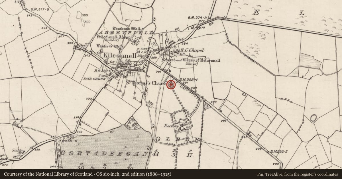 Ordnance Survey six-inch map, 2nd edition (1888–1915) covering the location of Church, Glebe, County Galway, with a pin at the register's coordinates
