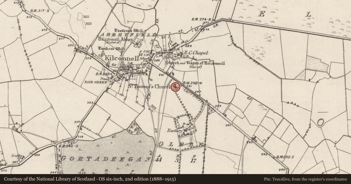 Ordnance Survey six-inch map, 2nd edition (1888–1915) covering the location of Graveyard, Glebe, County Galway, with a pin at the register's coordinates