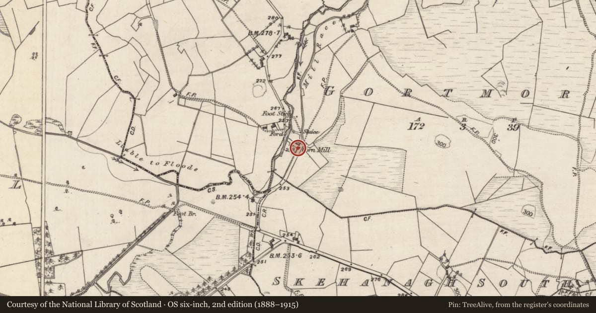 Ordnance Survey six-inch map, 2nd edition (1888–1915) covering the location of Mill - corn, Gortmore, County Galway, with a pin at the register's coordinates