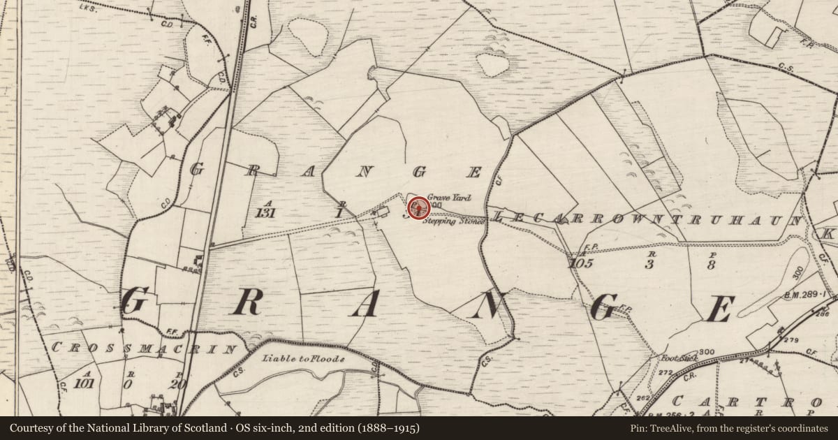 Ordnance Survey six-inch map, 2nd edition (1888–1915) covering the location of Graveyard, Grange, County Galway, with a pin at the register's coordinates