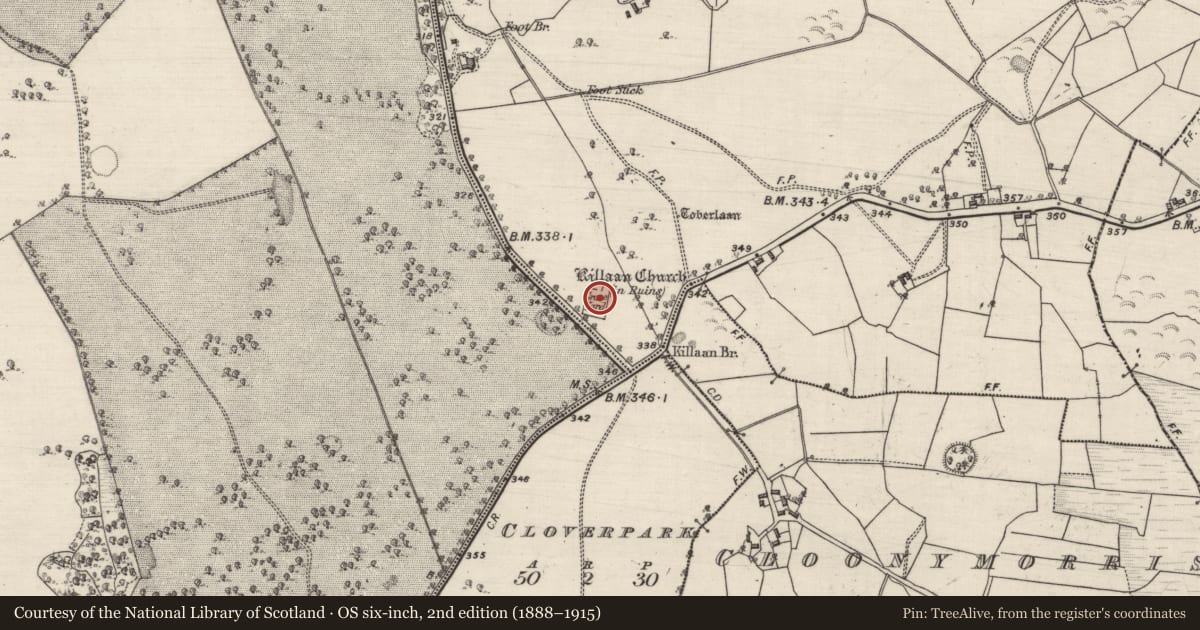 Ordnance Survey six-inch map, 2nd edition (1888–1915) covering the location of Church, Killaan, County Galway, with a pin at the register's coordinates