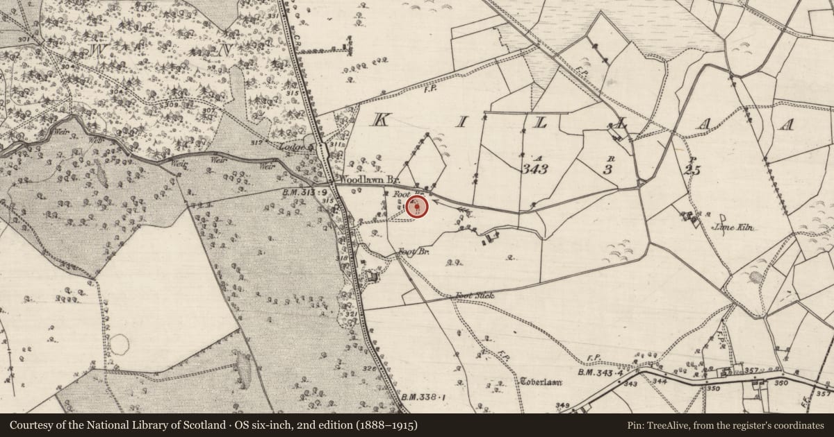 Ordnance Survey six-inch map, 2nd edition (1888–1915) covering the location of Ecclesiastical residence, Killaan, County Galway, with a pin at the register's coordinates