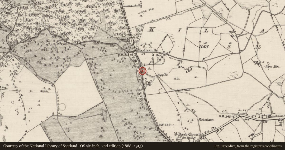 Ordnance Survey six-inch map, 2nd edition (1888–1915) covering the location of Mill - corn, Killaan, County Galway, with a pin at the register's coordinates
