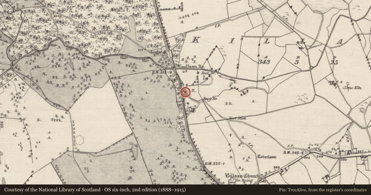 Ordnance Survey six-inch map, 2nd edition (1888–1915) covering the location of Kiln - corn-drying, Killaan, County Galway, with a pin at the register's coordinates