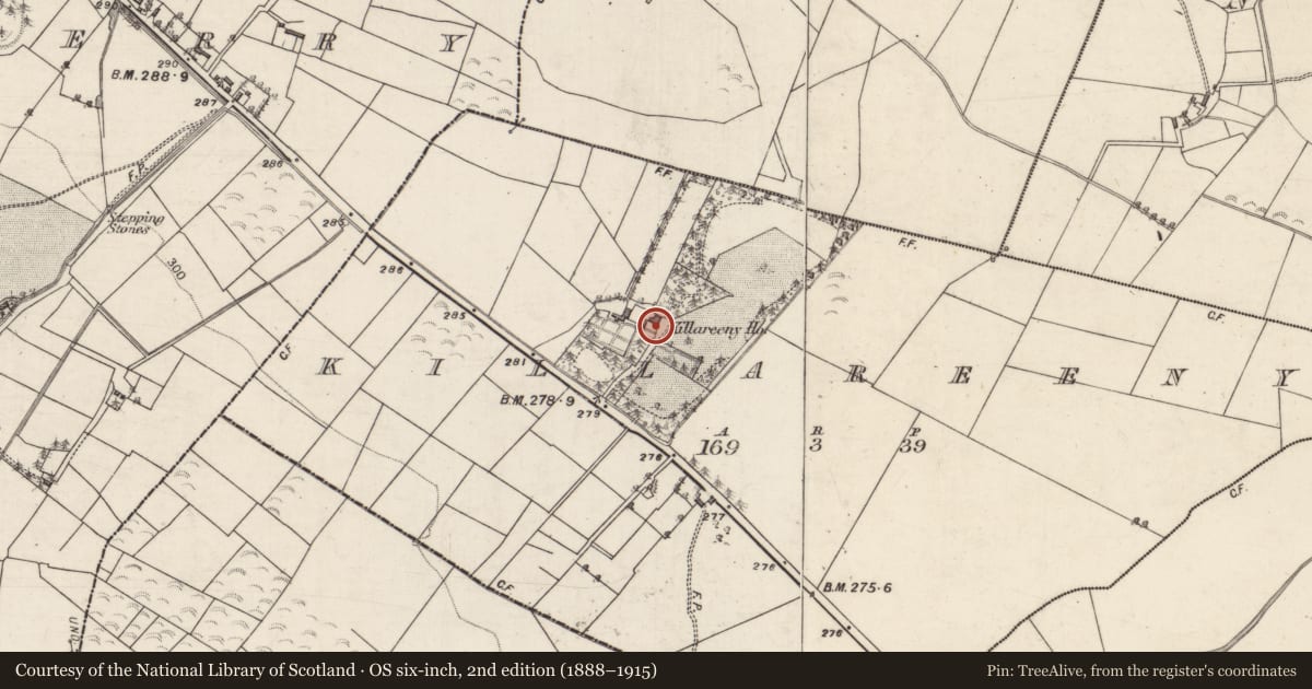 Ordnance Survey six-inch map, 2nd edition (1888–1915) covering the location of House - 20th century, Killareeny, County Galway, with a pin at the register's coordinates