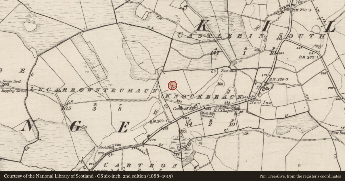 Ordnance Survey six-inch map, 2nd edition (1888–1915) covering the location of Church, Knockbrack, County Galway, with a pin at the register's coordinates