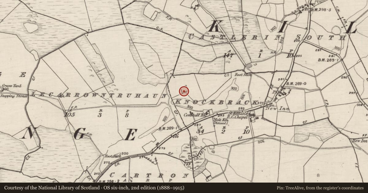 Ordnance Survey six-inch map, 2nd edition (1888–1915) covering the location of Enclosure, Knockbrack, County Galway, with a pin at the register's coordinates