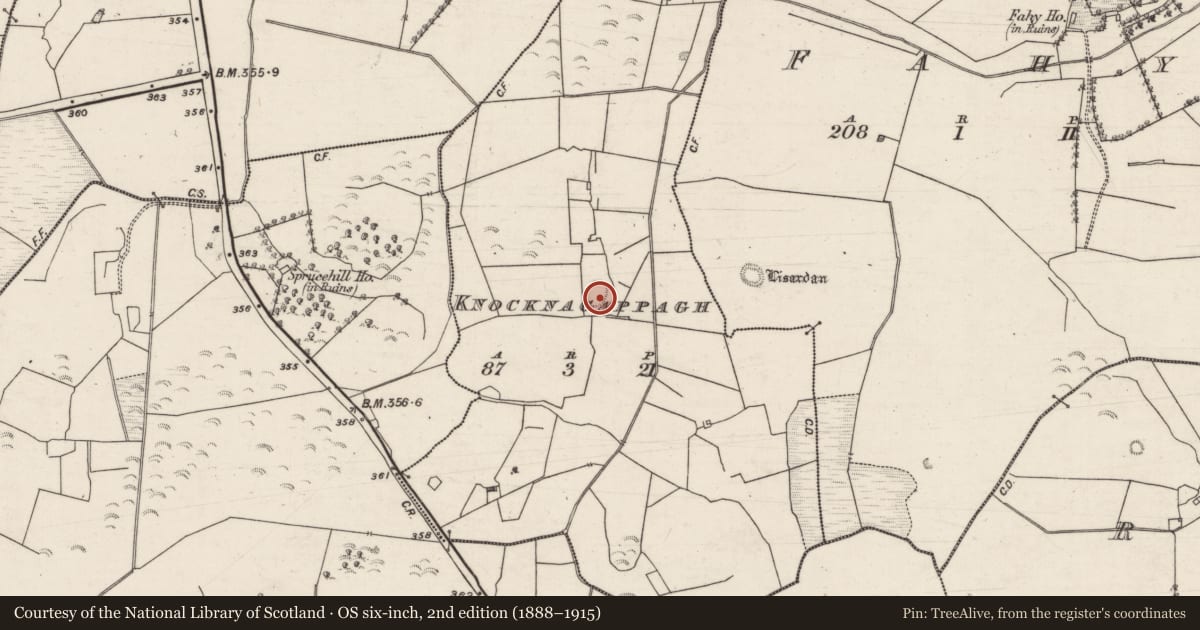 Ordnance Survey six-inch map, 2nd edition (1888–1915) covering the location of Enclosure, Knocknagappagh, County Galway, with a pin at the register's coordinates
