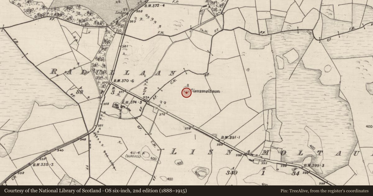 Ordnance Survey six-inch map, 2nd edition (1888–1915) covering the location of Ringfort - unclassified, Lisnamoltaun, County Galway, with a pin at the register's coordinates