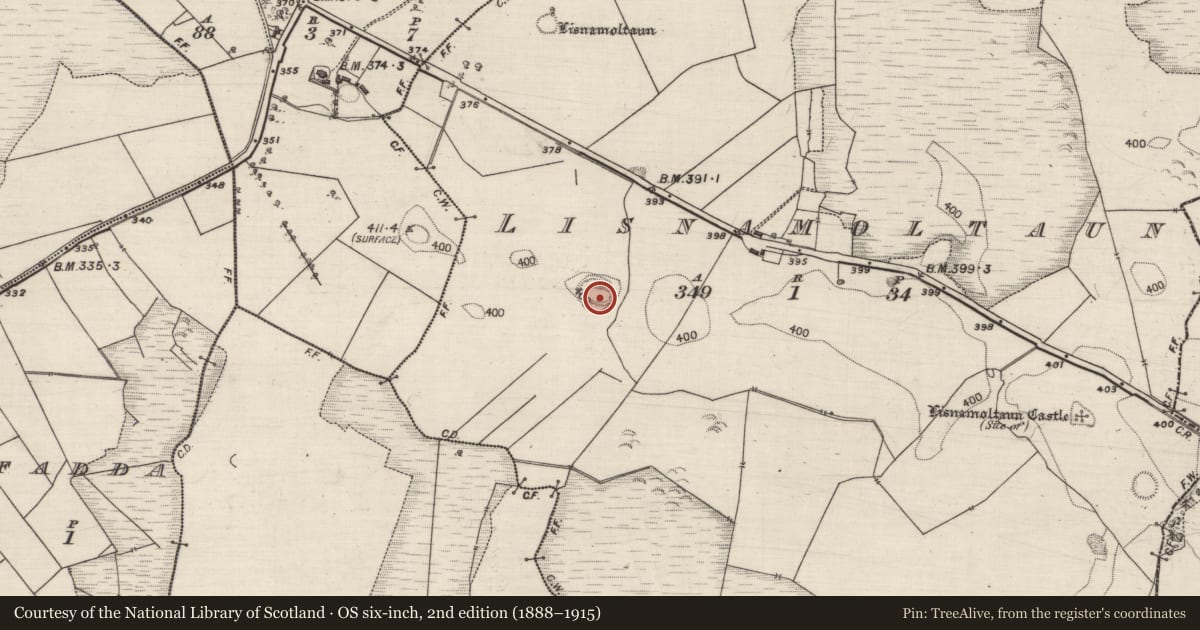 Ordnance Survey six-inch map, 2nd edition (1888–1915) covering the location of Ringfort - unclassified, Lisnamoltaun, County Galway, with a pin at the register's coordinates