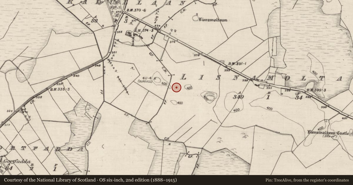 Ordnance Survey six-inch map, 2nd edition (1888–1915) covering the location of Ringfort - unclassified, Lisnamoltaun, County Galway, with a pin at the register's coordinates