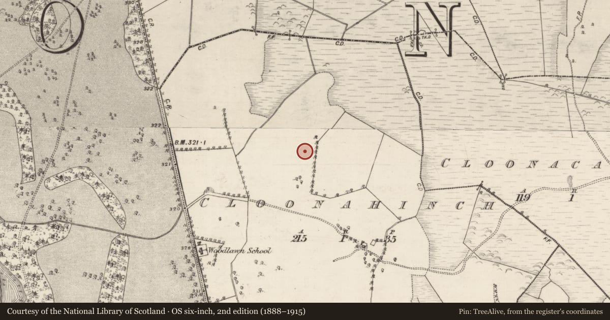 Ordnance Survey six-inch map, 2nd edition (1888–1915) covering the location of Burial, Cloonahinch, County Galway, with a pin at the register's coordinates