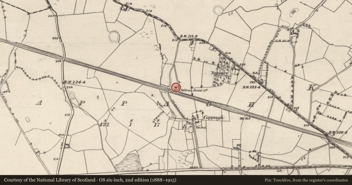Ordnance Survey six-inch map, 2nd edition (1888–1915) covering the location of Children's burial ground, Cappagh, County Galway, with a pin at the register's coordinates