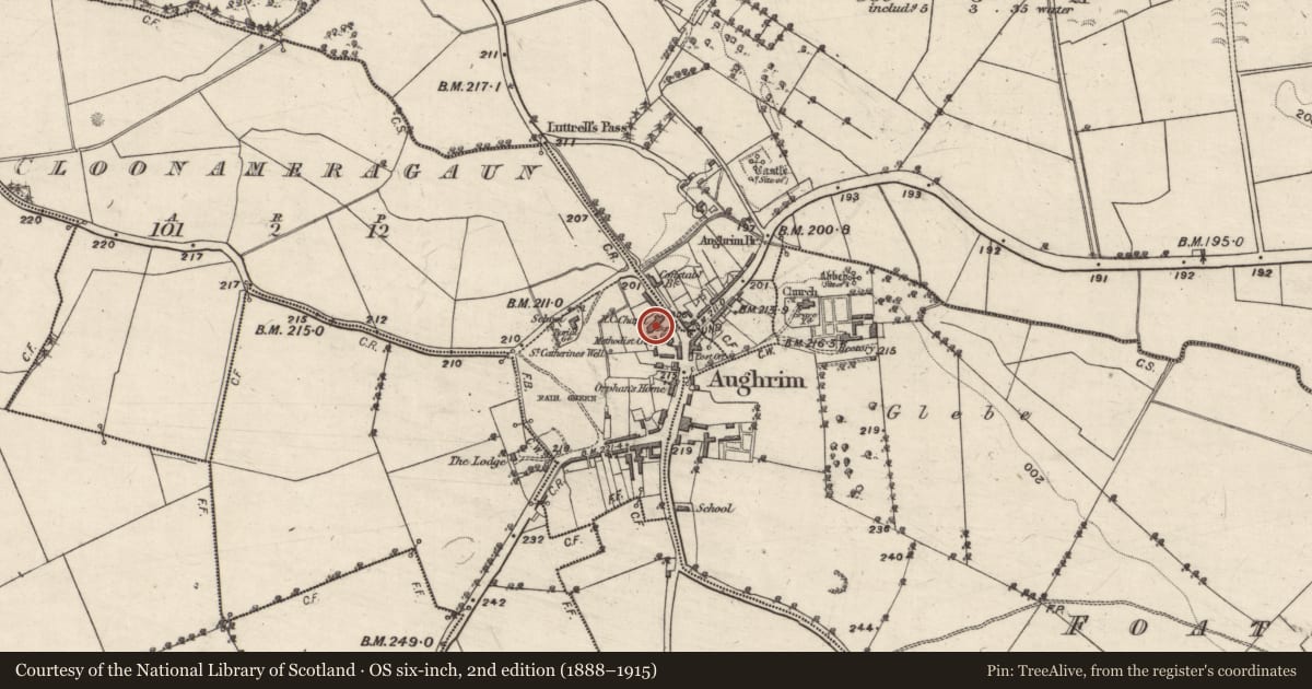 Ordnance Survey six-inch map, 2nd edition (1888–1915) covering the location of Church, Cloonameragaun, County Galway, with a pin at the register's coordinates