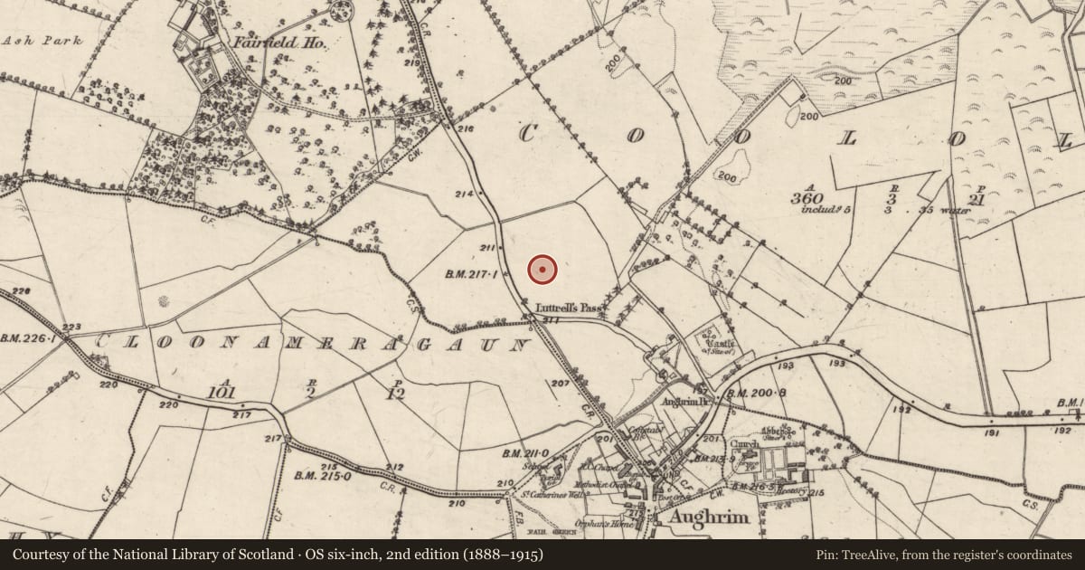 Ordnance Survey six-inch map, 2nd edition (1888–1915) covering the location of Enclosure, Coololla, County Galway, with a pin at the register's coordinates