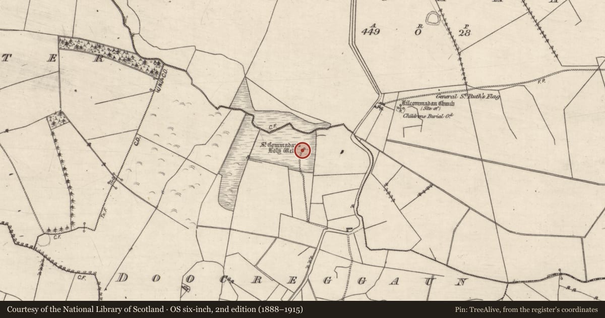 Ordnance Survey six-inch map, 2nd edition (1888–1915) covering the location of Ritual site - holy well, Doocreggaun, County Galway, with a pin at the register's coordinates