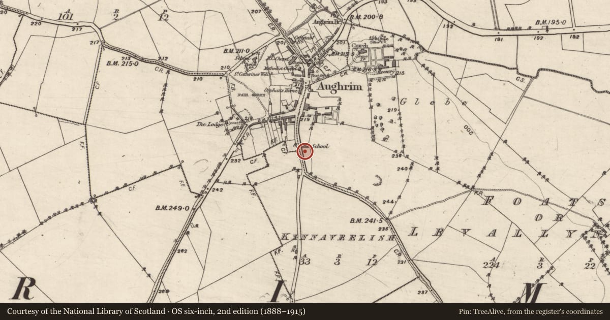 Ordnance Survey six-inch map, 2nd edition (1888–1915) covering the location of School, Foats Or Levallynearl, County Galway, with a pin at the register's coordinates