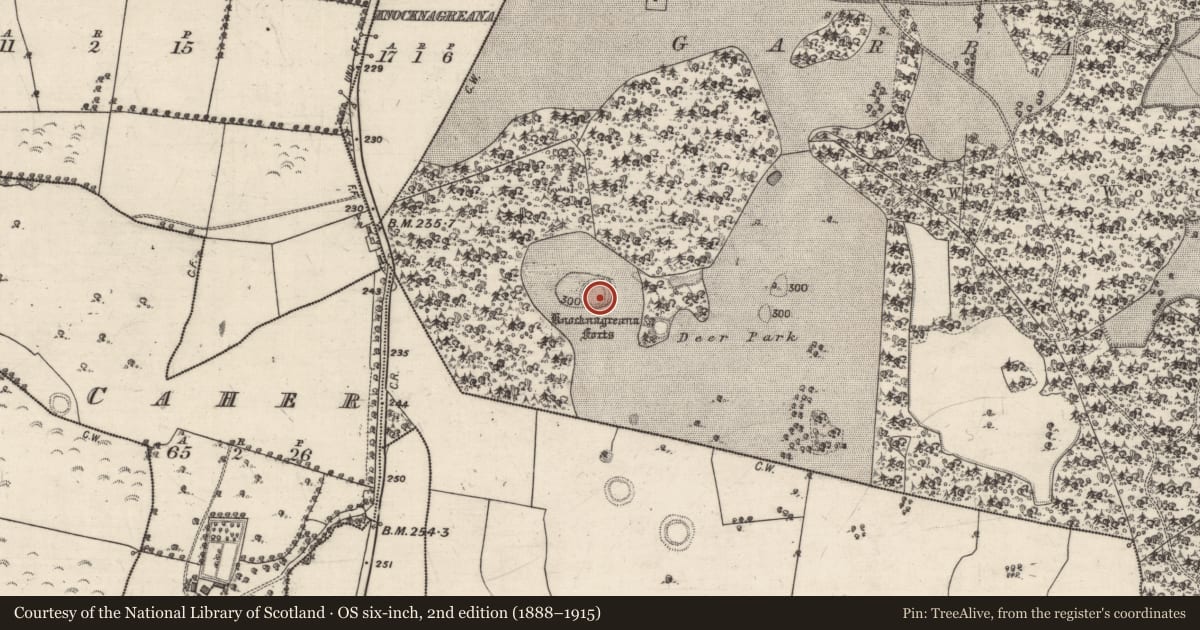 Ordnance Survey six-inch map, 2nd edition (1888–1915) covering the location of Enclosure, Garbally Demesne, County Galway, with a pin at the register's coordinates