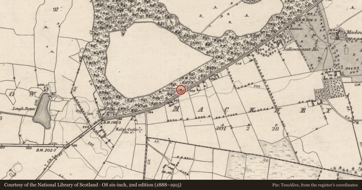 Ordnance Survey six-inch map, 2nd edition (1888–1915) covering the location of Children's burial ground, Garbally Demesne, County Galway, with a pin at the register's coordinates