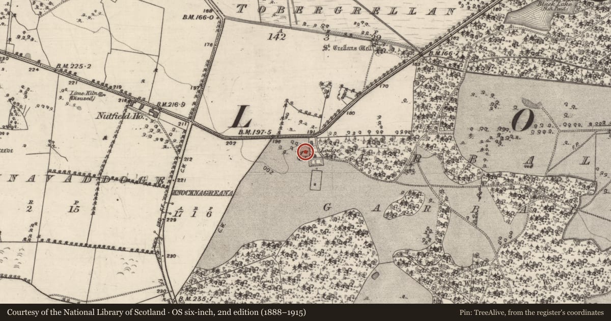 Ordnance Survey six-inch map, 2nd edition (1888–1915) covering the location of Church, Garbally Demesne, County Galway, with a pin at the register's coordinates